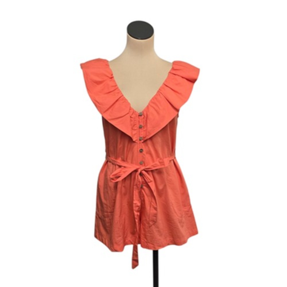 NWT Free People Romper Womens XS Orange Ruffle V Neck Tie‎ Back Belted Shorts
